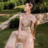 2025 Embroidery Three-Dimensional Flower Nail Bead Splicing Mesh Dress With Chest And Fake Two Midskirts