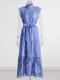 Retro Niche Design 2025 Summer Collar Sleeveless Hollow Perspective Design Solid Color Long Dress Dress Women's