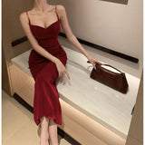 Temperament Red Sling Dress Women's Summer High-End Repair Open Fork Sexy Ass Long Dress