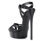 Black PU Large-Size Round-Headed Fashion Sandals Fine Heel Waterproof Table Banquet Sandals High Quality Shoes