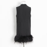 Version Of The Simple Name Wind 2025 Summer Round Collar Sleeveless Short Female Solid Color Hem Ostrich Hair Splicing Dress
