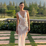 Deep V Sexy Dew Suspension Dress By Three-Dimensional Flower Dress