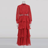 Lotus Leaf-Side Dress Spring 2025 New Temperament Elegant Embroidered Design Belt Long-Sleeved Dress