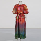 Court Style Dress 2025 Spring New Round Lantern Sleeves Gradually Swing Mid-Long Dress Women's Dress