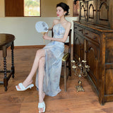 Neck Print Sling Dress Spring Summer 2024 New Women's Chiffon Open Fork Back Holiday Dress