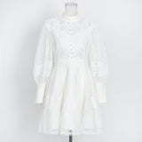 Style Lace Retro Style Heavy Industry Dress 2025 Spring New Collar Lantern Sleeves Waist Lotus Leaf Dress