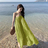 Desire Blue Folded Seaside Vacation Sling Dress Women Summer Sanya Tour Wearing Pictures Beach Long Skirts