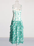 Holiday Style Dress 2025 Spring New Print Pressure Frills Light Mint Leaf Side Braid Dress Woman