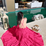 Tourism Photo Fairy Dress Rose Red Deep V Collar Bare Back Sling Dress Sanya Seaside Beach Dress Girl