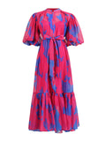 And Leisure Holiday Dress 2025 Summer New Loose Print Bubble Sleeve Tie Waist Dress