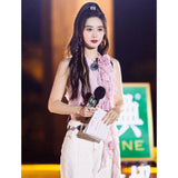 Mencius Is The Same Pink Flower Lotus Leaf Side Ribbon Hanging Neck Vest 2024 New