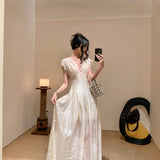 Embroidered V-Necked White Dress