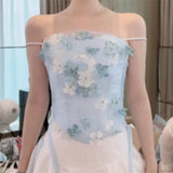 Three-Dimensional Flower Blue Mesh Corset Sexy Beautiful Thoracic Fish Bone Top 2024 New