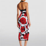 New Small Fragrant Rose Knitted Banda Dress Sexy Hanging Neck Gold Buckle Elastic Dress