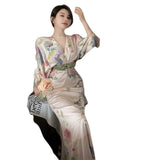 New French Waist-Covered Stamped Temperament Dress Long Sleeve V-Neck Spring Dress Women's Holiday Oil Painting Long Dress