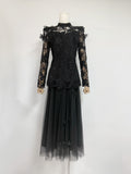 Court Style Lace Jed Flower Splicing Butterfly Decoration Skinny Coat + Mesh Dress
