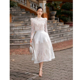 Summer Collar Shrugged Long-Sleeved Lace Blouse In The Long-Sleeved Half-Dress Set Lace Dress 898