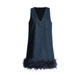 Dress 2025 Summer New High-End Feeling Sleeveless V-Necked Cowboy Splicing Feathers Short Dress Dress Woman