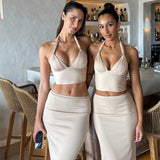 Summer 2025 New Two-Piece Suit In Temperament Metal Decoration Hanging Neck Skirt Suit Woman DJPT