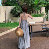 Retro Hanging Neck Stripe Sling Dress Women Summer Sexy Bare Back Strap Long Skirt Loose A Word Skirt