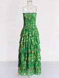Pastoral Chiffon Dress 2025 Summer New Green Print Chest Lotus Leaf Folding Dress Dress Woman