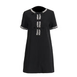 Diamond Drill Skirt 2025 Summer New Round Neck Short Sleeves Solid Color Waist Dress Dress Woman