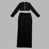 Fashion Diamond-Staggered Bandage Skirt Set Long Sleeve Half-Necked Short Blouse Dress Two-Sleeve Woman