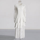 Retro Style Small Lotus Leaf Side Dress 2025 High-End New Round-Neck Long-Sleeved Lace Hollow Dress