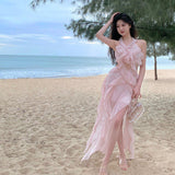 Super Fairy Lotus Side Seaside Holiday Dress Pure Sexy Hanging Back Open Fork Dress Female Dress