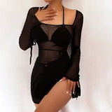 Women's Clothing 2025 Spring And Summer New Net Mesh Long Sleeve Open Fork Short Dress Woman DJPT