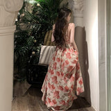 Seaside Holiday Chiffon Crumped Flower Dress Bare Back Empty Strap High Waist Open Large Swing Dress Girl