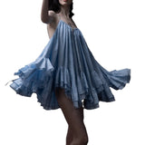 New Sweet Holiday Wind Blue Sling Skirt Summer Lotus Leaf Side-Dew Short Skirt