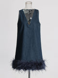 Dress 2025 Summer New High-End Feeling Sleeveless V-Necked Cowboy Splicing Feathers Short Dress Dress Woman