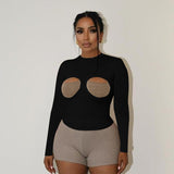 Stitched Hollow Breast Cup Long-Sleeved Top Woman Autumn 2025 New Simple Style Casual Body Repair T-Shirt DJPT