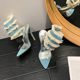 Sexy Denim Cloth Snake-Shaped Spring Tip Slender Heel Sandals Lazada Women Sandals High Quality Shoes