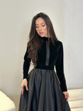 New Gold Velvet Thin Waist Black Round-Neck Long-Sleeved Dress Woman