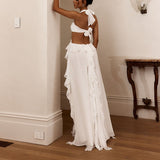 Women's New Hanging Neck Open Shoulder Lotus Leaves Side Solid Color Dress HZ0628