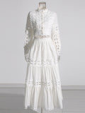 Famous Wind 2025 Summer New Lace Collar Long Sleeves Bare Waist Shirt High Waist Half Dress Solid Two Sets