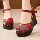 Real Leather National Style Print Ultra-High With Idyllic Wind Thick Bottom Retro College Style Buckle Sandals High Quality Shoes