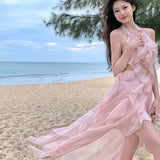 Super Fairy Lotus Side Seaside Holiday Dress Pure Sexy Hanging Back Open Fork Dress Female Dress