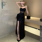 Black Sling Dress Woman Summer Niche High-Sensance Hottie Open Fork Long Skirt