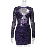 Sexy Lace Stitched Hollow Long-Sleeved Dress Female 2025 Babes Hip Skirt DJPT