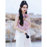 Mencius Is The Same Pink Flower Lotus Leaf Side Ribbon Hanging Neck Vest 2024 New