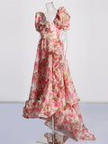 Court Style 2025 Summer New Square Slings Oversized Skirts Tail Lotus Leaf-Side Printed Dress Woman