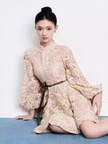 Autumn And Winter Australian Trendy Brand Lin Yuner Star Of The Same Retro Hollow Lace Lantern Sleeve Dress