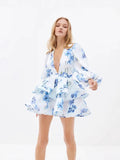 New 2024 Women's Clothing V-Neck Lantern Sleeve Print Short Dress Women