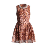 High-End Leopard Print Skirt 2025 Summer New Round Collar Diamond Waist Dress Dress Woman