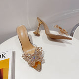 Fashion Pointed Shallow Side Empty Toe Transparent Water Drill Bow Glass And Sandals Woman High Quality Shoes