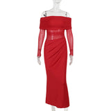 Summer 2025 New Long Dress Temperament Sexy Shoulder Mesh Yarn Hollow Dress Woman DJPT