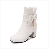 Size Women's Shoes Bows Coarse And Short Boots Women's Korean Version Of High Heel Boots High Quality Shoes